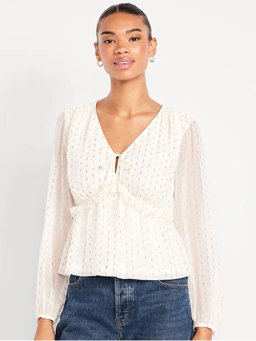 Old Navy Ivory Sheer Long-Sleeve Peplum Top with Gold Metallic Accents